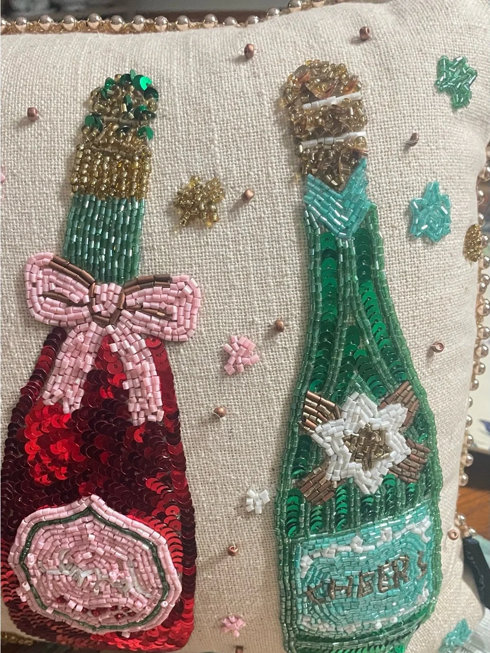 Cynthia Rowley Holiday Bottle Sequin Embroidered Decorative Pillow - Green & Red